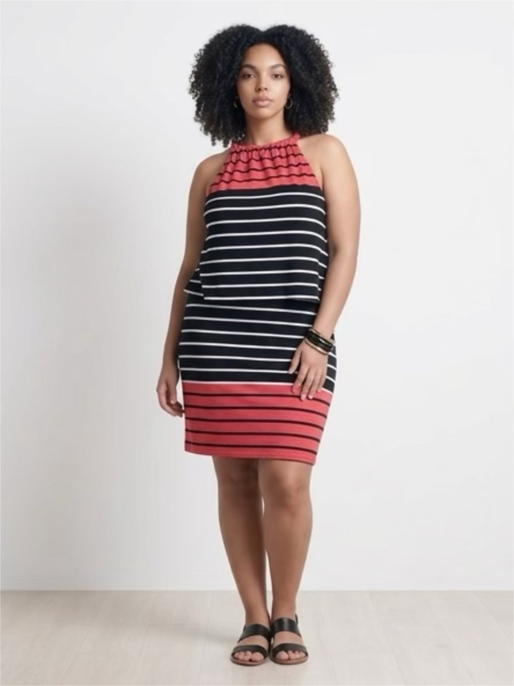 Max Studio Coral and Black Striped Halter Dress
